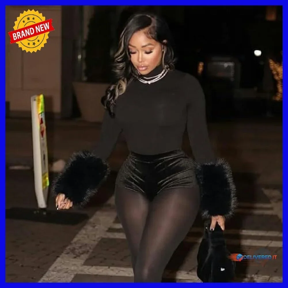Long Sleeve Mock Neck Bodysuit with Faux Fur Cuffs, Sexy Club Outfit